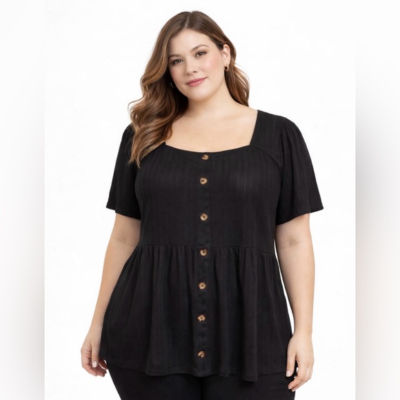 Lane Bryant Tops - Lane Bryant Black short sleeve flowy top fake buttons down front size 14/16